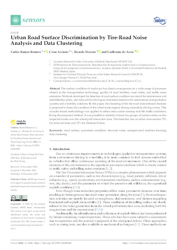 Urban road surface discrimination by tire-road noise analysis and data clustering Thumbnail