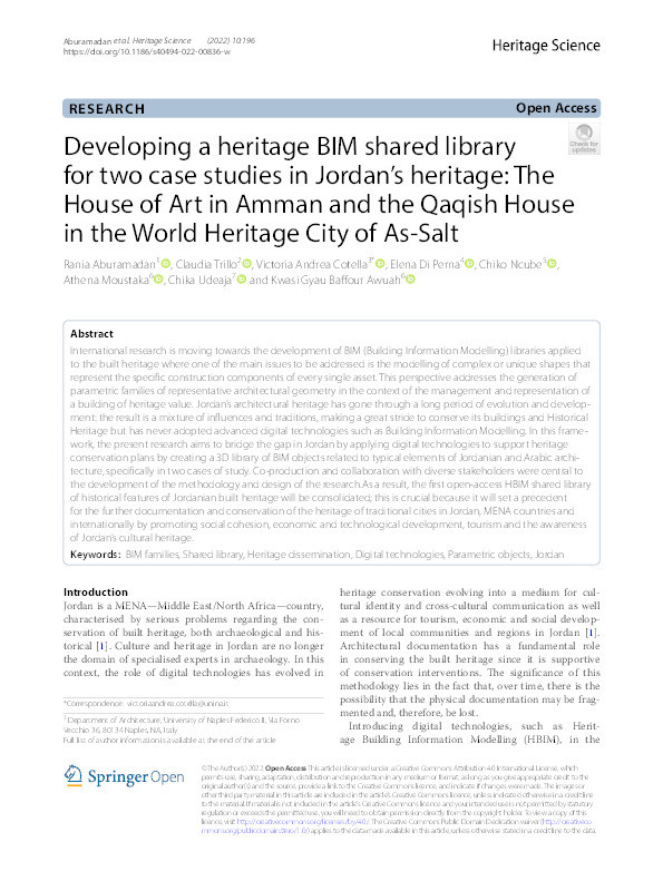 Developing a heritage BIM shared library for two case studies in Jordan’s heritage: The House of Art in Amman and the Qaqish House in the World Heritage City of As-Salt Thumbnail