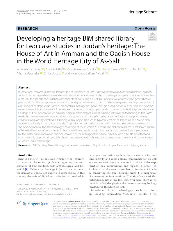 Developing a heritage BIM shared library for two case studies in Jordan’s heritage: The House of Art in Amman and the Qaqish House in the World Heritage City of As-Salt Thumbnail