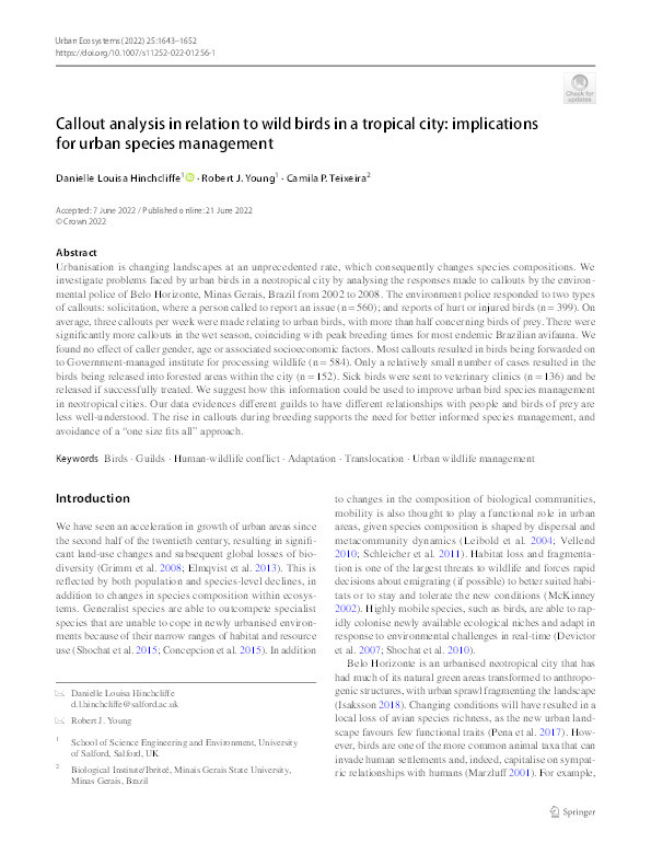 Callout analysis in relation to wild birds in a tropical city: implications for urban species management Thumbnail