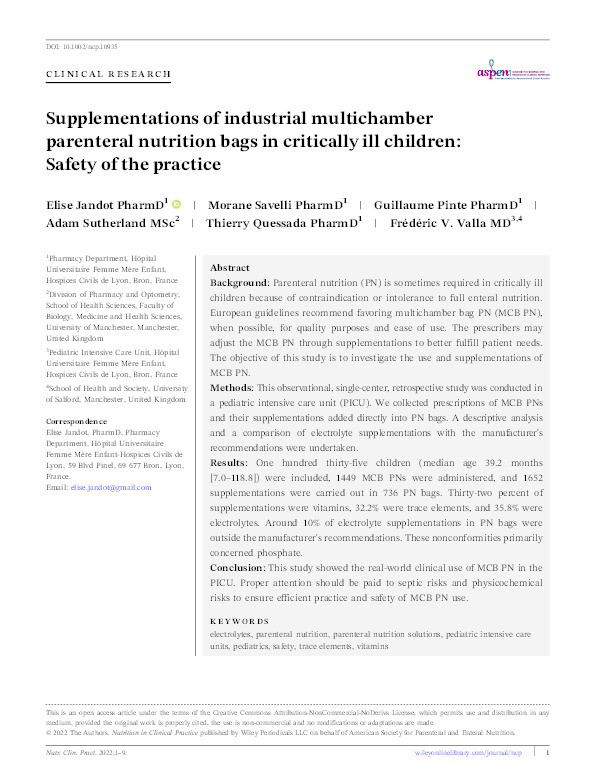 Supplementations of industrial multichamber parenteral nutrition bags in critically ill children: safety of the practice Thumbnail