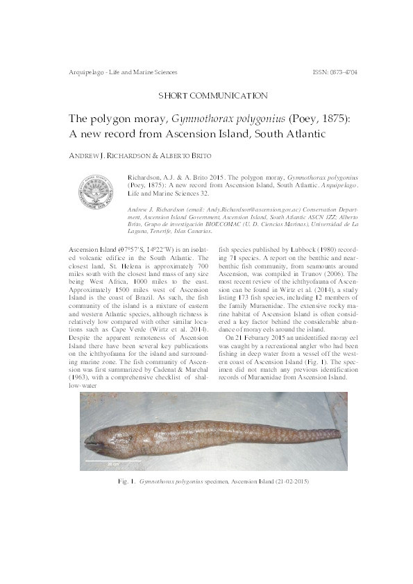 The polygon moray, Gymnothorax polygonius (Poey, 1875): a new record from Ascension Island, South Atlantic Thumbnail