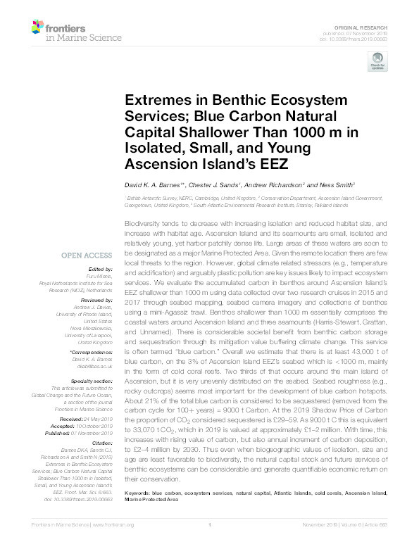 Extremes in Benthic ecosystem services; blue carbon natural capital shallower than 1000 m in isolated, small, and young Ascension Island’s EEZ Thumbnail