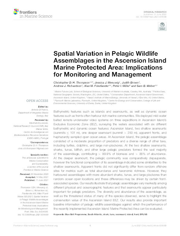 Spatial variation in Pelagic wildlife assemblages in the Ascension Island Marine Protected Area: implications for monitoring and management Thumbnail