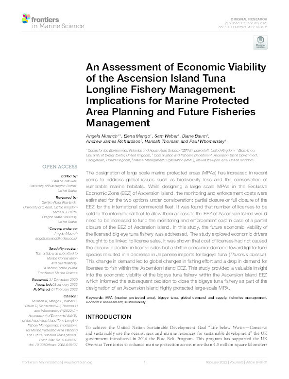 An assessment of economic viability of the Ascension Island tuna longline fishery management: implications for marine protected area planning and future fisheries management Thumbnail