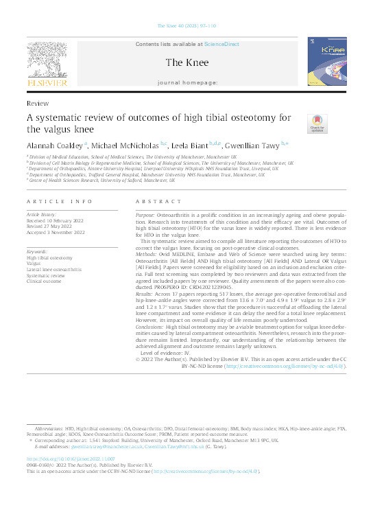 A systematic review of outcomes of high tibial osteotomy for the valgus knee Thumbnail