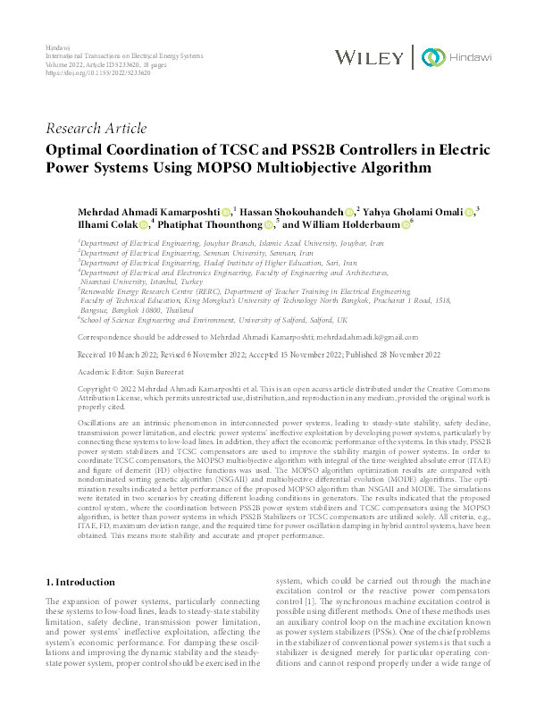 Optimal coordination of TCSC and PSS2B controllers in electric power systems using MOPSO multiobjective algorithm Thumbnail