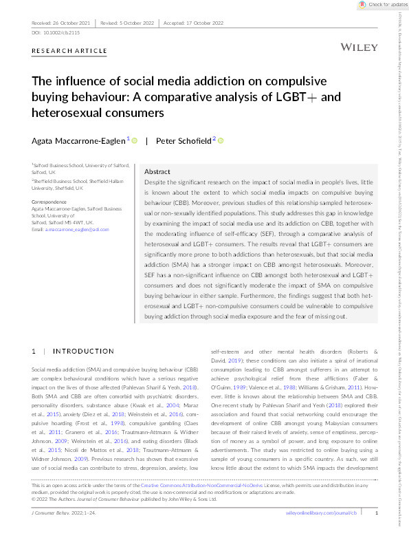 The influence of social media addiction on compulsive buying behaviour: A comparative analysis of LGBT+ and heterosexual consumers Thumbnail