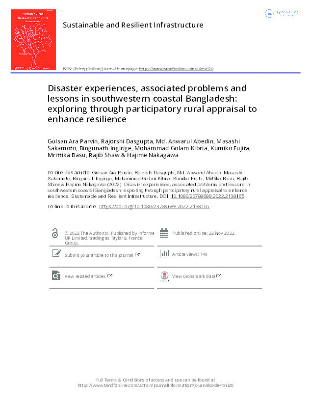 Disaster experiences, associated problems and lessons in southwestern coastal Bangladesh: exploring through participatory rural appraisal to enhance resilience Thumbnail