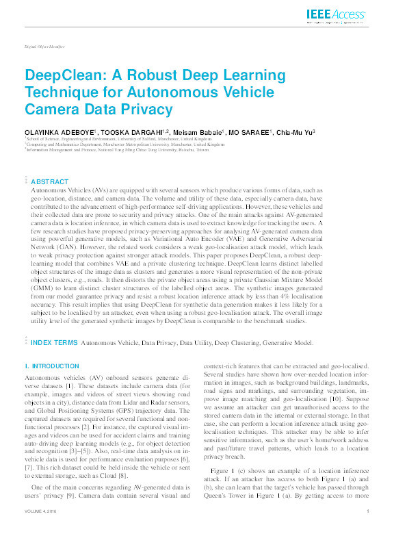 DeepClean : a robust deep learning technique for autonomous vehicle camera data privacy Thumbnail