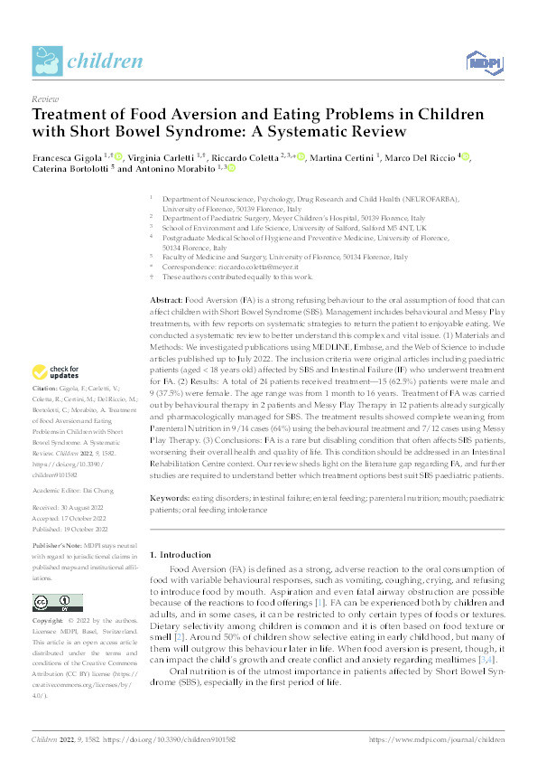 Treatment of food aversion and eating problems in children with short bowel syndrome: a systematic review Thumbnail