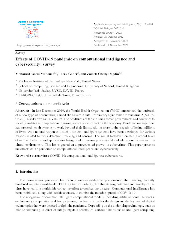 Effects of COVID-19 pandemic on computational intelligence and cybersecurity: survey Thumbnail