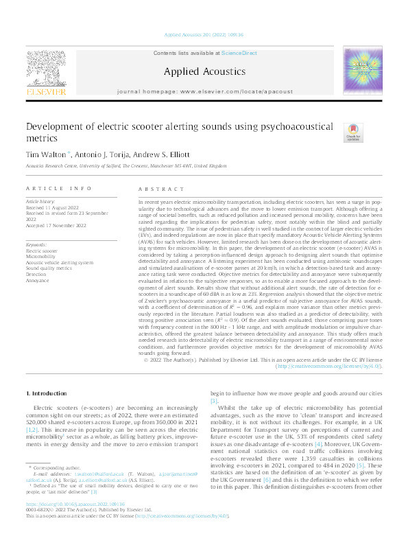 Development of electric scooter alerting sounds using psychoacoustical metrics Thumbnail