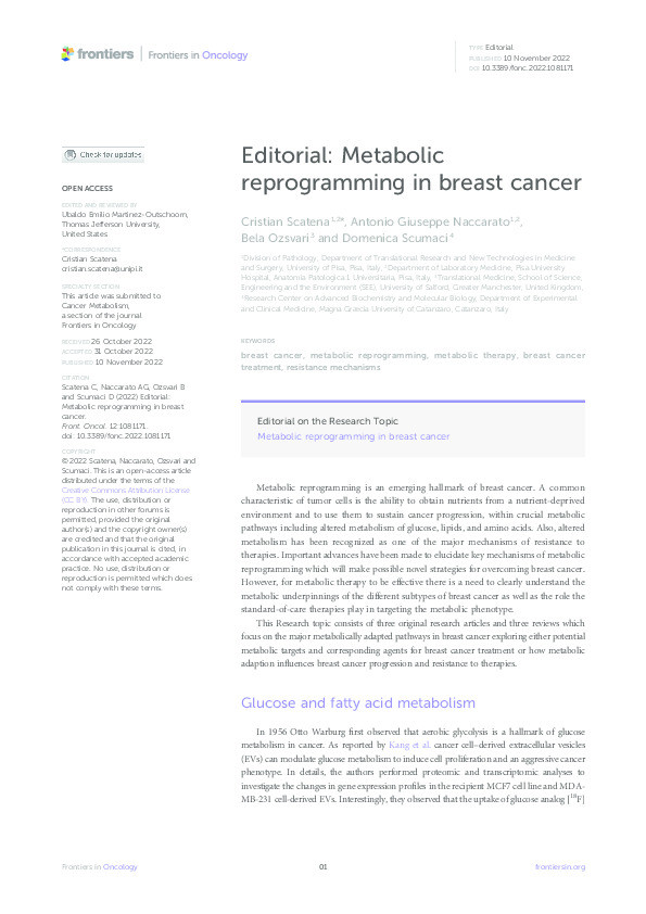 Editorial: metabolic reprogramming in breast cancer Thumbnail