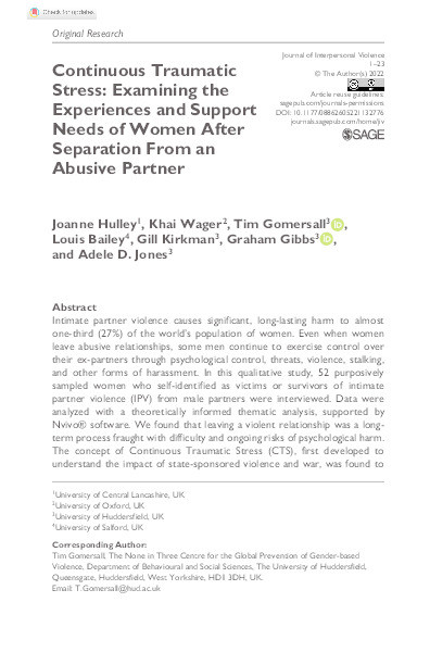Continuous traumatic stress: examining the experiences and support needs of women after separation from an abusive partner Thumbnail