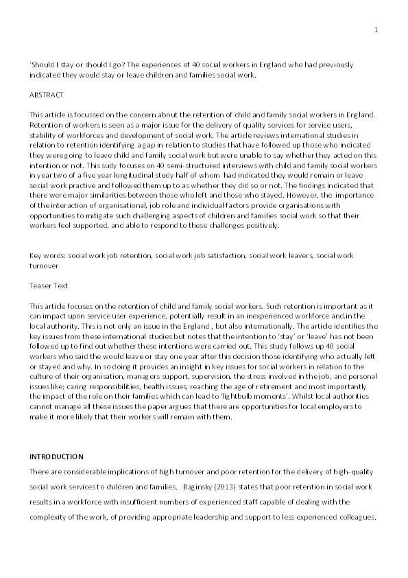 ‘Should I Stay or Should I Go’? The Experiences of Forty Social Workers in England Who Had Previously Indicated They Would Stay In or Leave Children and Families Social Work Thumbnail