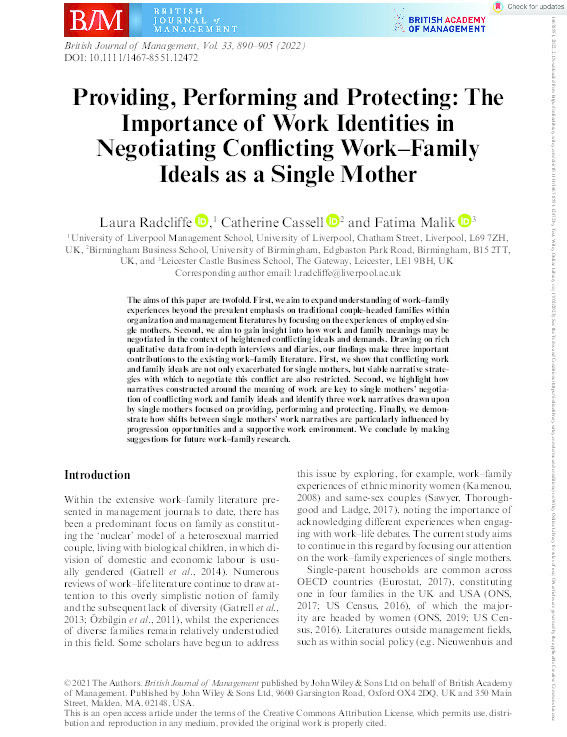 Providing, performing and protecting: the importance of work identities in negotiating conflicting work-family ideals as a single mother Thumbnail