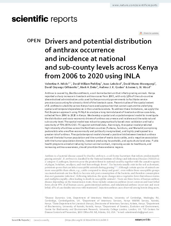 Drivers and potential distribution of anthrax occurrence and incidence at national and sub-county levels across Kenya from 2006 to 2020 using INLA Thumbnail