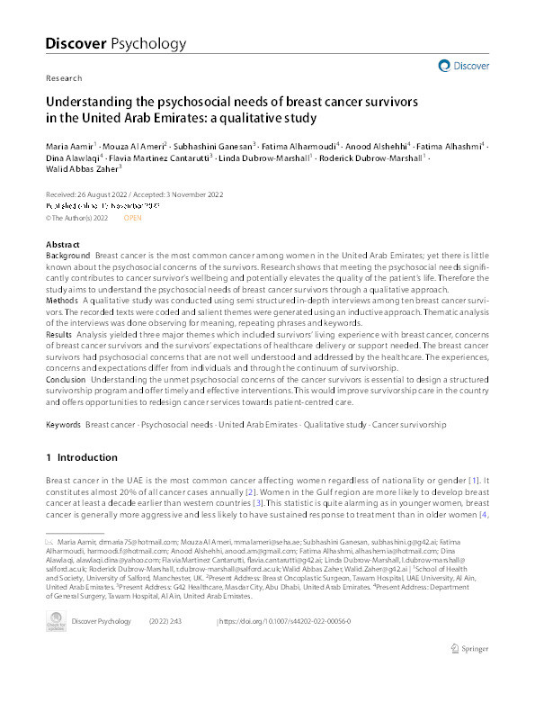 Understanding the psychosocial needs of breast cancer survivors in the United Arab Emirates: a qualitative study Thumbnail