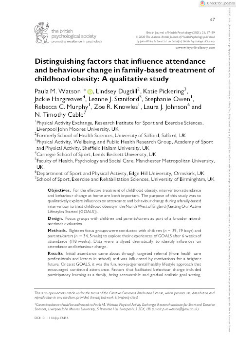 Distinguishing factors that influence attendance and behaviour change in family‐based treatment of childhood obesity: a qualitative study Thumbnail