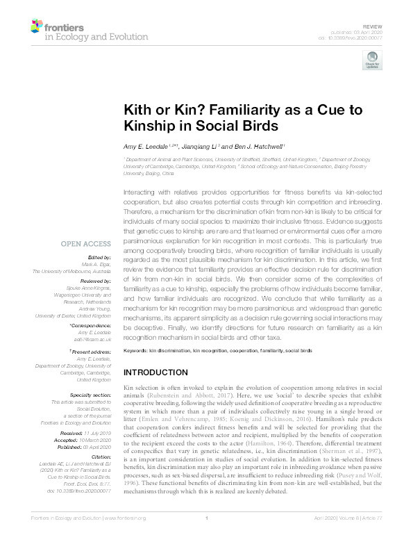 Kith or kin? Familiarity as a cue to kinship in social birds Thumbnail