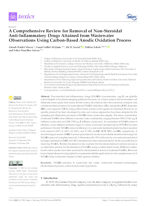 A Comprehensive Review for Removal of Non-Steroidal Anti-Inflammatory Drugs Attained from Wastewater Observations Using Carbon-Based Anodic Oxidation Process Thumbnail