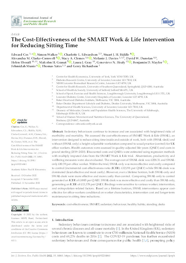 The Cost-Effectiveness of the SMART Work &amp; Life Intervention for Reducing Sitting Time Thumbnail