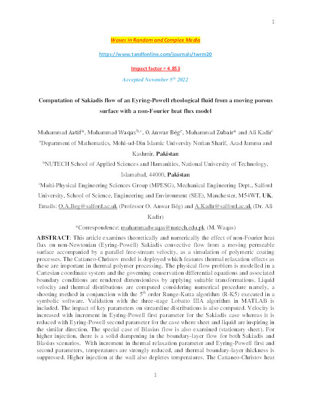 Computation of Sakiadis flow of an Eyring-Powell rheological fluid from a moving porous surface with a non-Fourier heat flux model Thumbnail