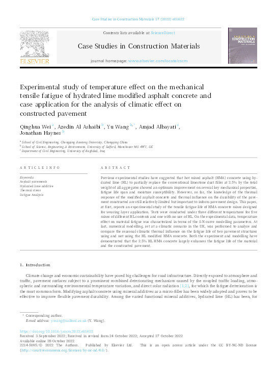 Experimental study of temperature effect on the mechanical
tensile fatigue of hydrated lime modified asphalt concrete and
case application for the analysis of climatic effect on
constructed pavement Thumbnail