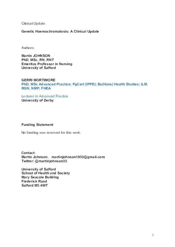 Genetic haemochromatosis: diagnosis and treatment of an iron overload disorder Thumbnail
