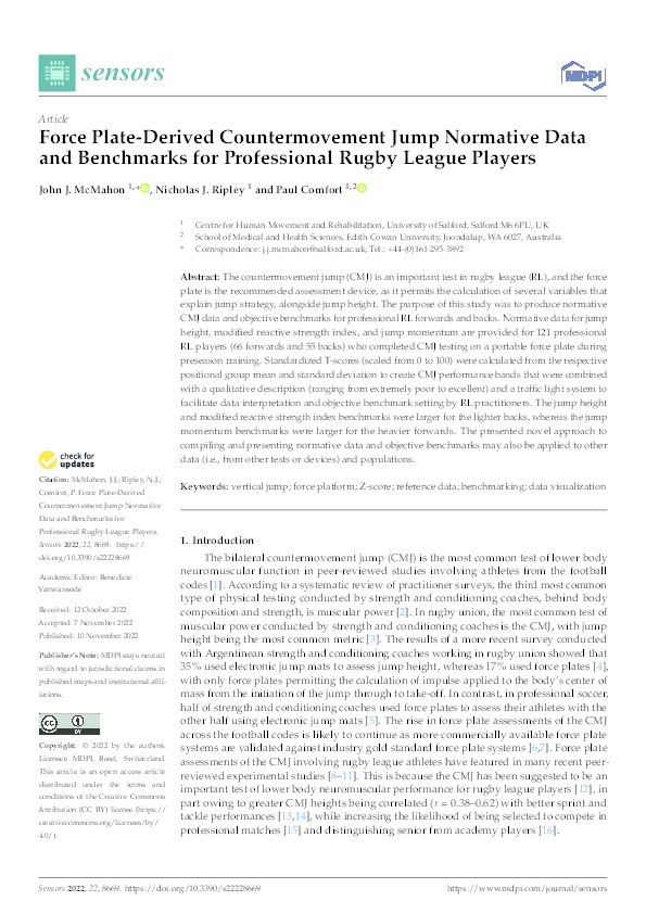 Force plate-derived countermovement jump normative data and benchmarks for professional Rugby League players Thumbnail