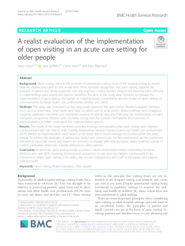 A realist evaluation of the implementation of open visiting in an acute care setting for older people Thumbnail