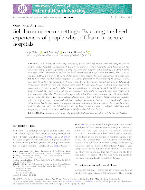 Self‐harm in secure settings: exploring the lived experiences of people who self‐harm in secure hospitals Thumbnail