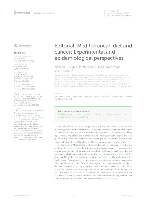Editorial: Mediterranean diet and cancer: experimental and epidemiological perspectives Thumbnail