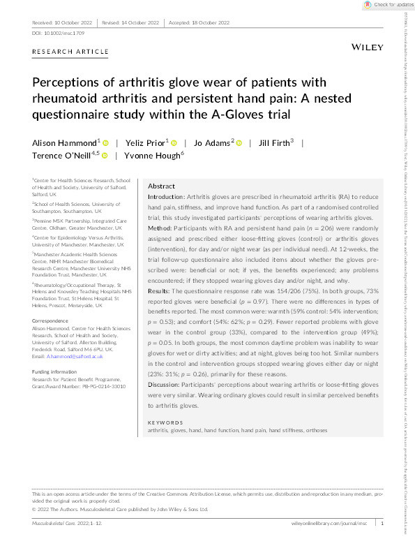 Perceptions of arthritis glove wear of patients with rheumatoid arthritis and persistent hand pain: A nested questionnaire study within the A‐Gloves trial Thumbnail
