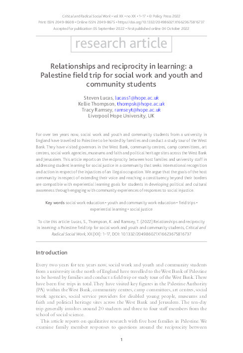 Relationships and reciprocity in learning: a 
Palestine field trip for social work and youth and 
community students Thumbnail