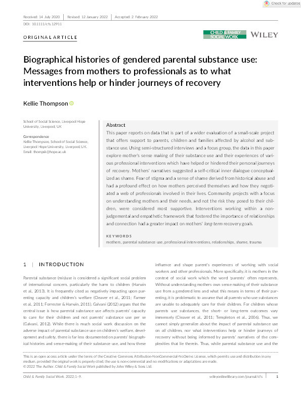 Biographical histories of gendered parental substance use: messages from mothers to professionals as to what
interventions help or hinder journeys of recovery Thumbnail