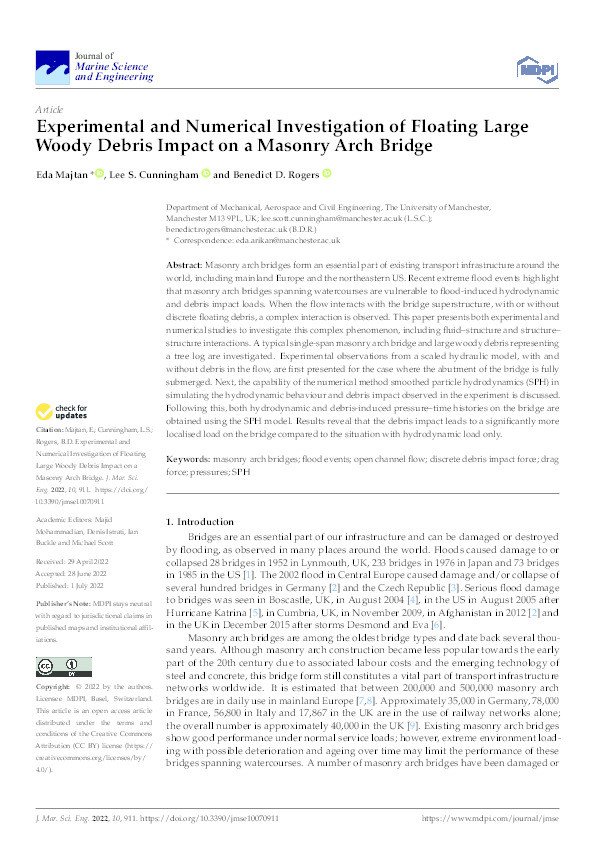 Experimental and numerical investigation of floating large woody debris impact on a masonry arch bridge Thumbnail