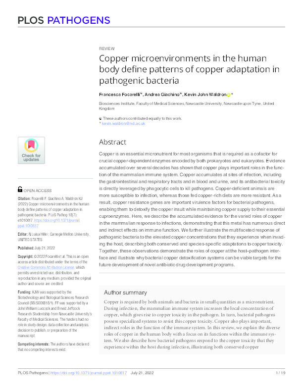 Copper microenvironments in the human body define patterns of copper adaptation in pathogenic bacteria Thumbnail