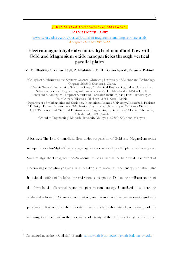 Electro-magnetohydrodynamics hybrid nanofluid flow with gold and magnesium oxide nanoparticles through vertical parallel plates Thumbnail