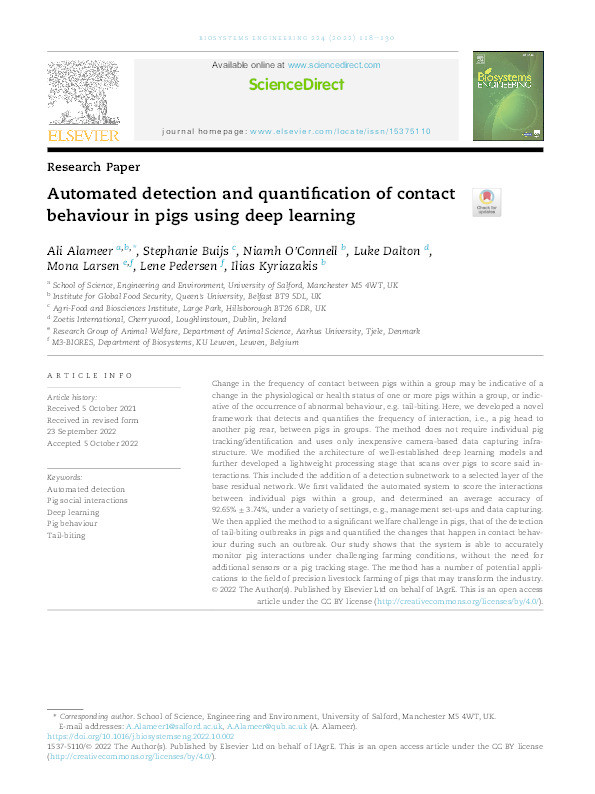 Automated detection and quantification of contact behaviour in pigs using deep learning Thumbnail