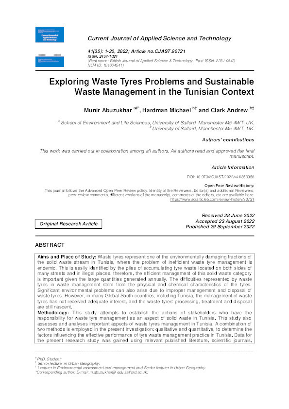 Exploring waste tyres problems and sustainable waste management in the Tunisian context Thumbnail