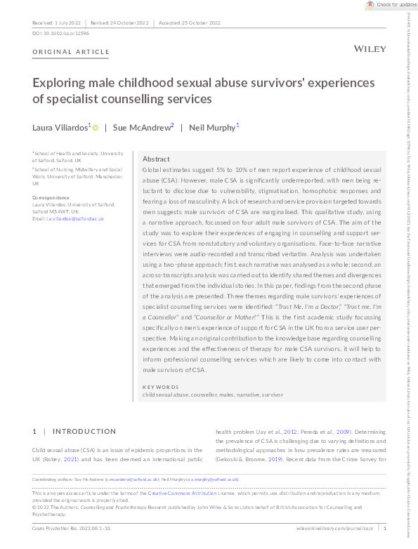 Exploring male survivors of childhood sexual abuse experiences of specialist counselling services Thumbnail