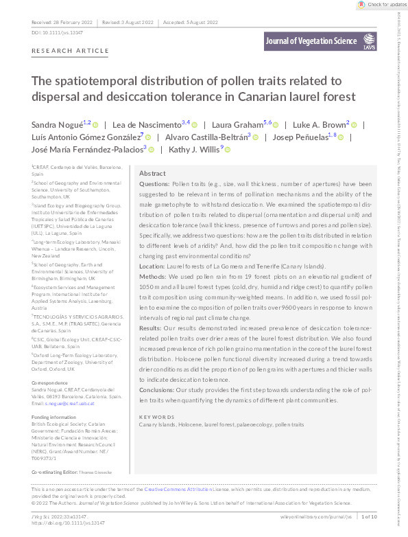 The spatio‐temporal distribution of pollen traits related to dispersal and desiccation tolerance in Canarian laurel forest Thumbnail