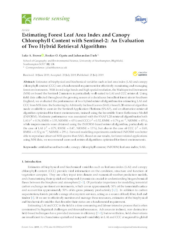 Estimating forest leaf area index and canopy chlorophyll content with Sentinel-2: an evaluation of two hybrid retrieval algorithms Thumbnail