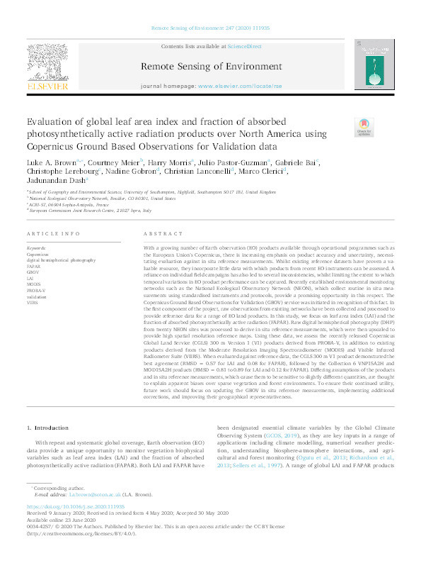 Evaluation of global leaf area index and fraction of absorbed photosynthetically active radiation products over North America using copernicus ground based observations for validation data Thumbnail