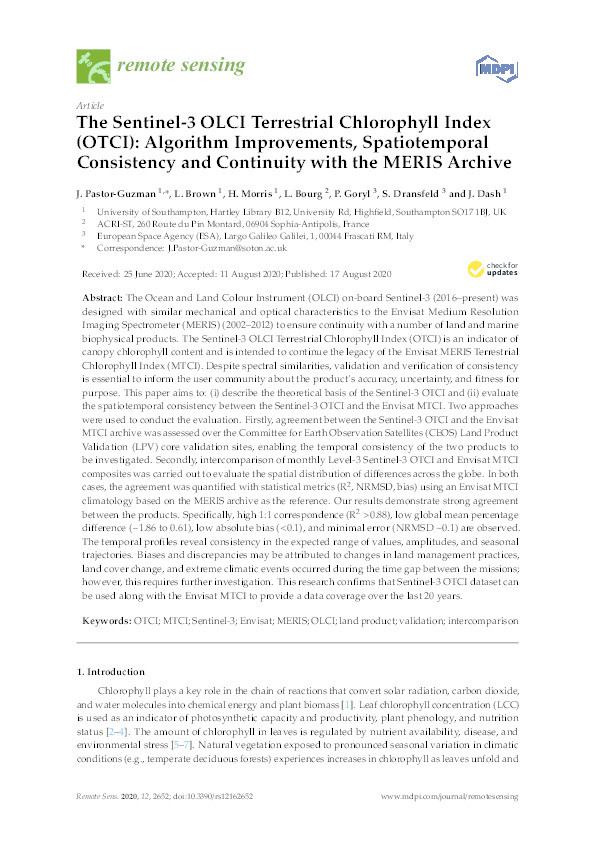 The Sentinel-3 OLCI Terrestrial Chlorophyll Index (OTCI): algorithm improvements, spatiotemporal consistency and continuity with the MERIS archive Thumbnail