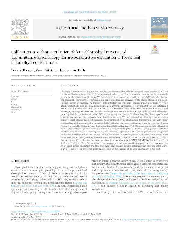 Calibration and characterisation of four chlorophyll meters and transmittance spectroscopy for non-destructive estimation of forest leaf chlorophyll concentration Thumbnail