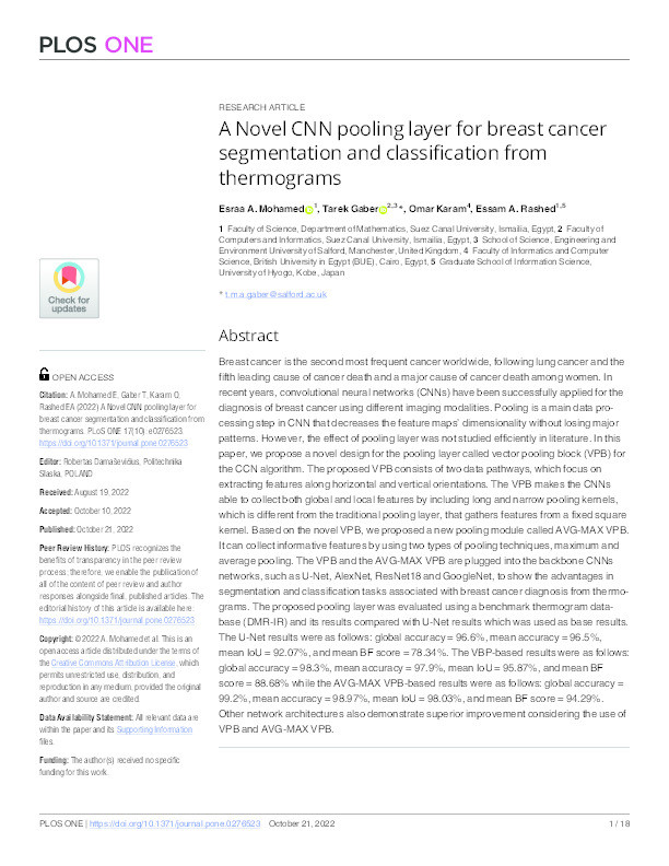 A Novel CNN pooling layer for breast cancer segmentation and classification from thermograms Thumbnail