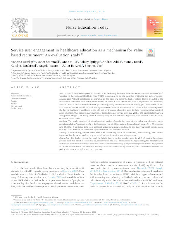 Service user engagement in healthcare education as a mechanism for value based recruitment: an evaluation study Thumbnail